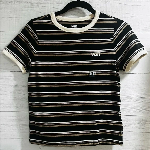 Vans Striped Ringer Tee Shirt Small Black NWT Logo Casual - Picture 2 of 5
